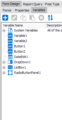 The variables tab on the data block designer tab. The system variables and all variables that appear on the original form before it was copied are listed here.